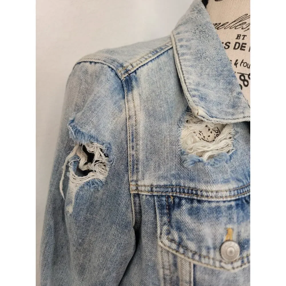 FREE PEOPLE Denim Tracker Jacket Sz Medium Distressed Destroy Gorpcore Boho - Picture 4 of 10